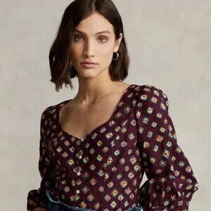 NWT Polo Ralph Lauren Purple Yellow & Teal Linen Block-Print Batik Blouse M
